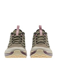 Scarpe da trekking leggere in oliva e beige, con una tomaia in mesh testurizzato, suola flessibile e dettagli in lavanda sui lacci e sulla linguetta.