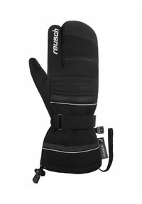 Schwarze Fäustlinge mit einer Softshell-Außenfläche, strukturierten Griffigkeiten, elastischem Riemen mit Schnallenverschluss und reflektierenden Streifen-Details am Bündchen.