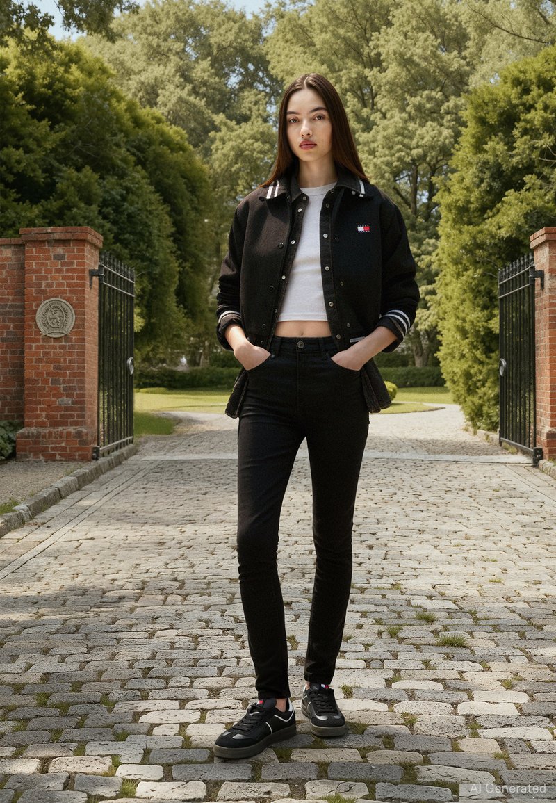 Νεαρή γυναίκα με μαύρο μπουφάν, λευκό crop top, μαύρο παντελόνι και αθλητικά παπούτσια, στέκεται σε μονοπάτι από λιθόστρωτα ανάμεσα σε ανοιχτές σιδερένιες πύλες με φόντο δέντρα.