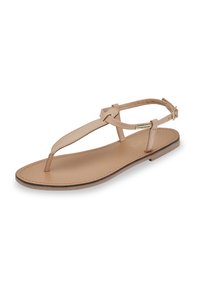 Beige læderflip-flops med flad sål, spænde lukning og et minimalistisk design med en central tåpost og subtile sy-detaljer.