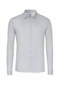 Weißes Langarmhemd mit blauem und gelbem geometrischem Muster, durchgeknöpfter Vorderseite, weichem Stoff und klassischem Kragen.