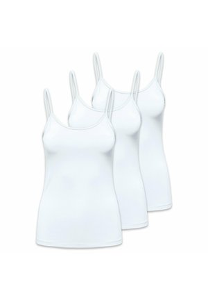 Weiße Baumwoll-Top-Tops, drei Stück in einer Packung. Mit verstellbaren dünnen Trägern, figurbetontem Design und glatter Textur sowie einem runden Ausschnitt.