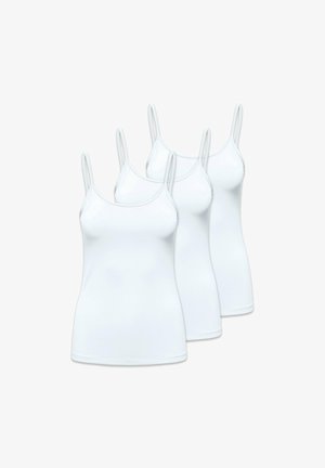 White cotton tank tops, three in a pack. Features adjustable thin straps, fitted design, and smooth texture with a rounded neckline.