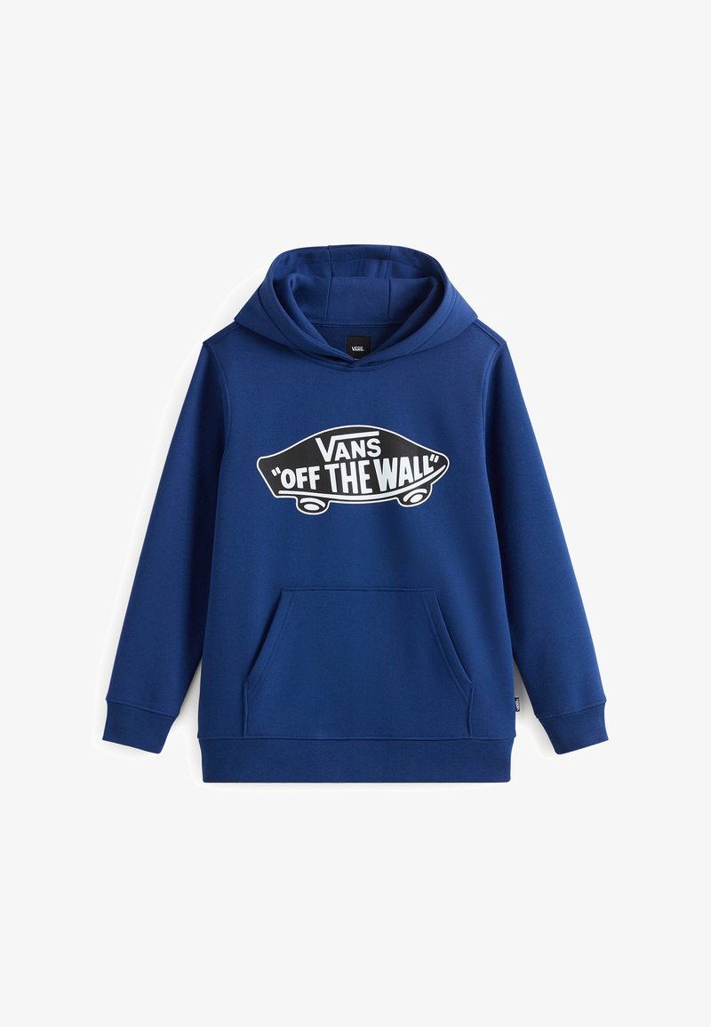 Sweatshirt à capuche bleu avec poche avant et logo de skateboard noir et blanc "Off The Wall" de Vans sur la poitrine.