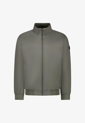 Olivengroene bomberjack met een hoge kraag, rits aan de voorkant en geribbelde manchetten. Glad stof met minimale stiksels en subtiele logodetails.