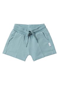 Helles blaugraues Baumwollshorts mit elastischem Bund, Kordelzug und zwei seitlichen Taschen. Verfügt über eine glatte Textur und gestickte Details.