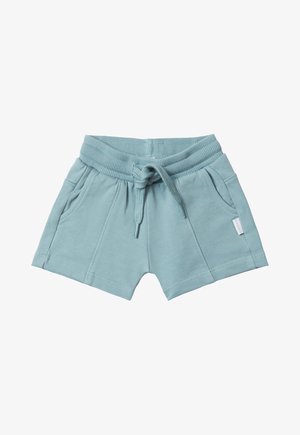 Helles blaugraues Baumwollshorts mit elastischem Bund, Kordelzug und zwei seitlichen Taschen. Verfügt über eine glatte Textur und gestickte Details.