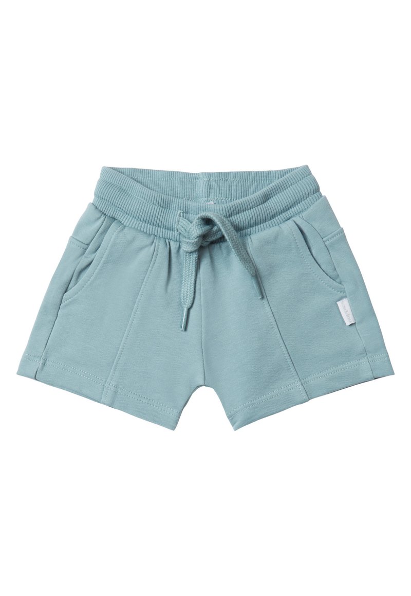 Helles blaugraues Baumwollshorts mit elastischem Bund, Kordelzug und zwei seitlichen Taschen. Verfügt über eine glatte Textur und gestickte Details.