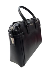 Borsa a mano nera strutturata in pelle texturizzata, con doppi manici, chiusura con zip e dettagli in hardware argentato.