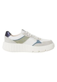 White and grey sneaker featuring a mix of leather and suede, with blue and green accents, a textured white rubber sole, and round laces.