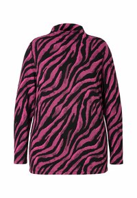 Långärmad tröja i svart med ett livfullt rosa tigerrandigt mönster. Lätt och mjuk textur, hög krage, avslappnad passform med rak nederkant.