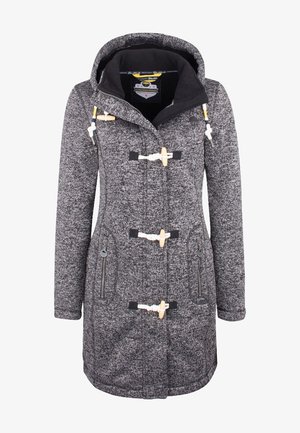 Abrigo largo de punto gris con capucha, forro negro, cierre con botones de palanca, bolsillos con cremallera y capucha con cordón y detalles de madera.