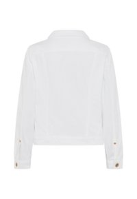 Weiße Denimjacke mit einer taillierten Passform, Knopfmanschetten und dezenten Nähten. Mit einem klassischen Kragen und verkürzter Länge.