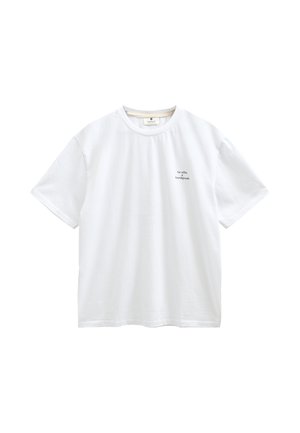 T-shirt bianca a maniche corte con collo rotondo e piccolo testo nero sul petto sinistro con la scritta "La ville x Anehjændt".