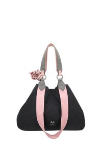 Sac fourre-tout en denim foncé avec des poignées rose et gris, présentant une accent en tissu à motifs et un détail logo subtil à l'avant.