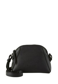 Borsa a tracolla in pelle nera con superficie texture, chiusura a zip e tracolla regolabile. Caratterizzata da un design arrotondato e un dettaglio logo sul davanti.