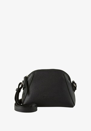 Fekete bőr keresztpántos táska textúrált felülettel, cipzáros záródással és állítható pánttal. Lekerekített formatervezéssel és elülső logó részlettel rendelkezik.