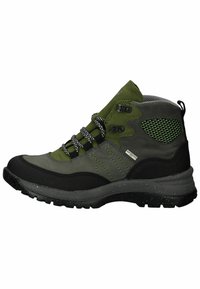 Groene en grijze mid-top wandelschoen gemaakt van synthetisch materiaal. Beschikt over een getextureerde zwarte rubberen zool, gaasaccenten en vetersluiting.