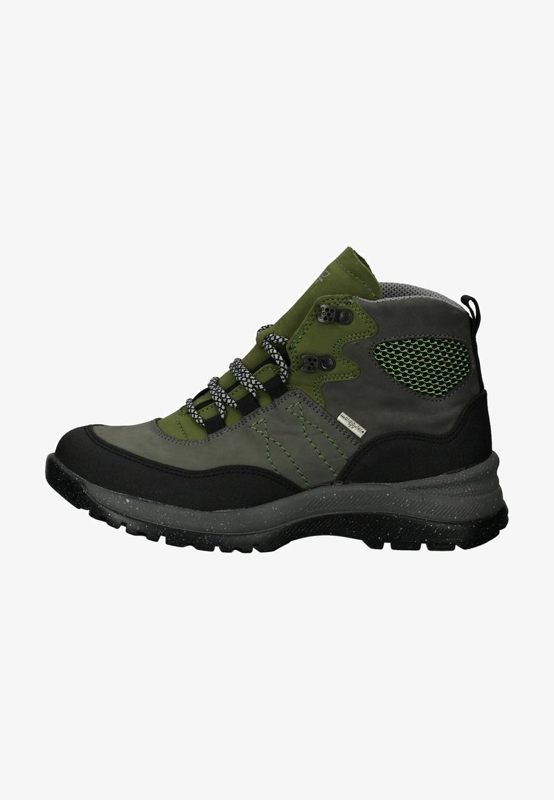 Groene en grijze mid-top wandelschoen gemaakt van synthetisch materiaal. Beschikt over een getextureerde zwarte rubberen zool, gaasaccenten en vetersluiting.