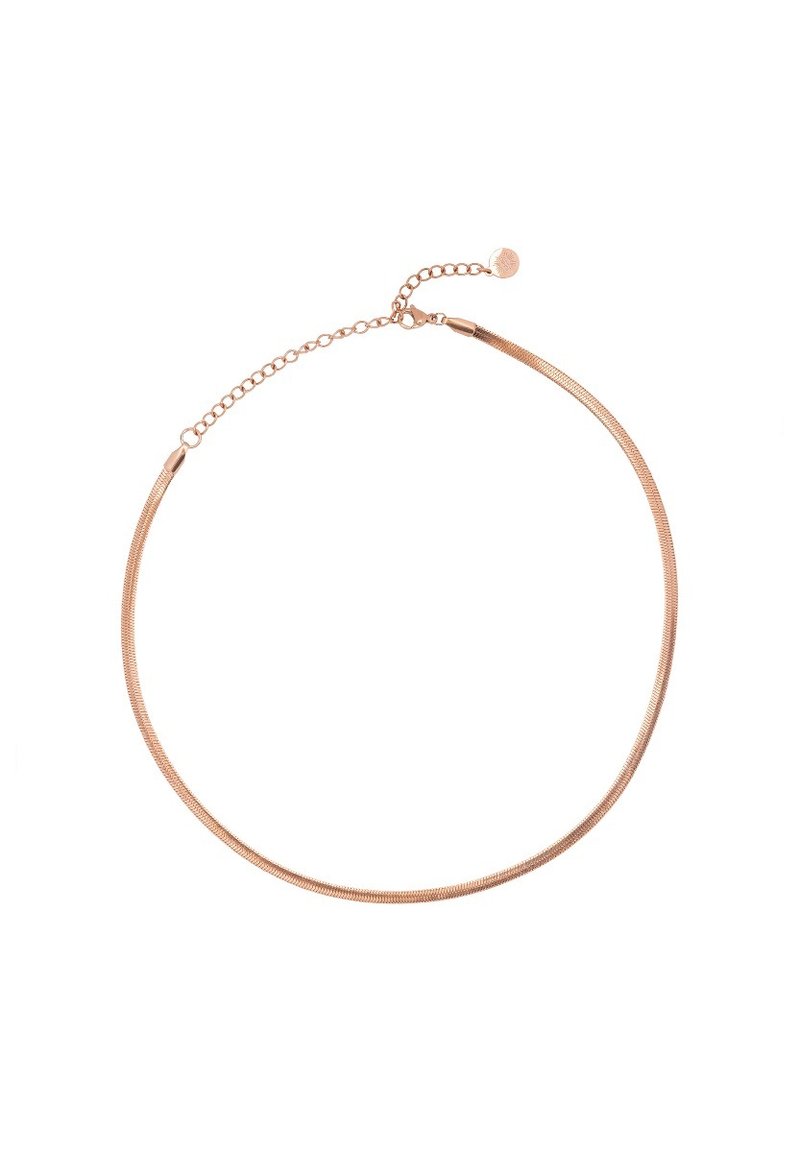 Choker ogrlica od ružičastog zlata s tankim dizajnom, koja ima glatki, zaobljeni oblik i podesivu ogrlicu s kopčom.