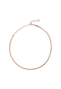 Collier ras du cou en or rose avec un design lisse et flexible. Comprend une chaîne délicate et un petit fermoir rond pour ajuster la longueur.
