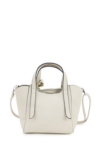 Cream leather handbag with contrasting black trim, dual handles, and a detachable shoulder strap. Smooth texture with structured design.