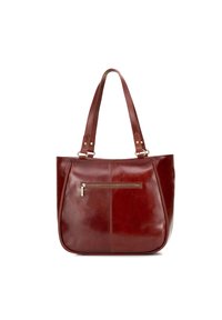 Czerwona skórzana torebka na ramię z dwoma paskami, z przednią kieszenią na zamek błyskawiczny i gładką, błyszczącą fakturą.