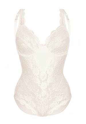 Body in pizzo color avorio con motivi floreali, spalline regolabili e bordo scallopato. Presenta un ferretto per supporto e una silhouette aderente.