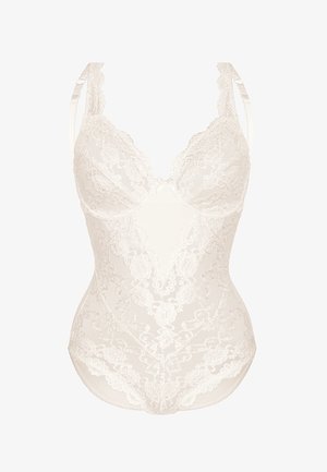 Spitzen-Bodysuit in Elfenbein mit floralen Mustern, verstellbaren Trägern und gewelltem Saum. Verfügt über ein Unterbrustband für Unterstützung und hat eine figurbetonte Silhouette.