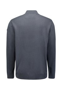Donkergrijze sweatshirt met lange mouwen en geribbelde kraag, manchet en zoom, vanaf de achterkant weergegeven op een witte achtergrond.