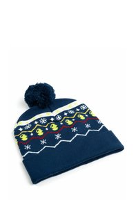 Beanie in maglia di colore blu navy con un pom-pom soffice, caratterizzato da una fascia decorativa in giallo, rosso e bianco con fiocchi di neve e anatroccoli di vari colori.