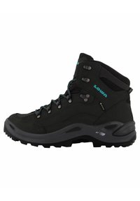 Zwarte wandelschoenen met een hoge enkeldesign, voorzien van turquoise accenten, metalen oogjes en een gestructureerde rubberen zool voor grip.