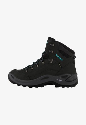 Black hiking boots with a high ankle design, featuring turquoise accents, metal eyelets, and a textured rubber sole for traction.