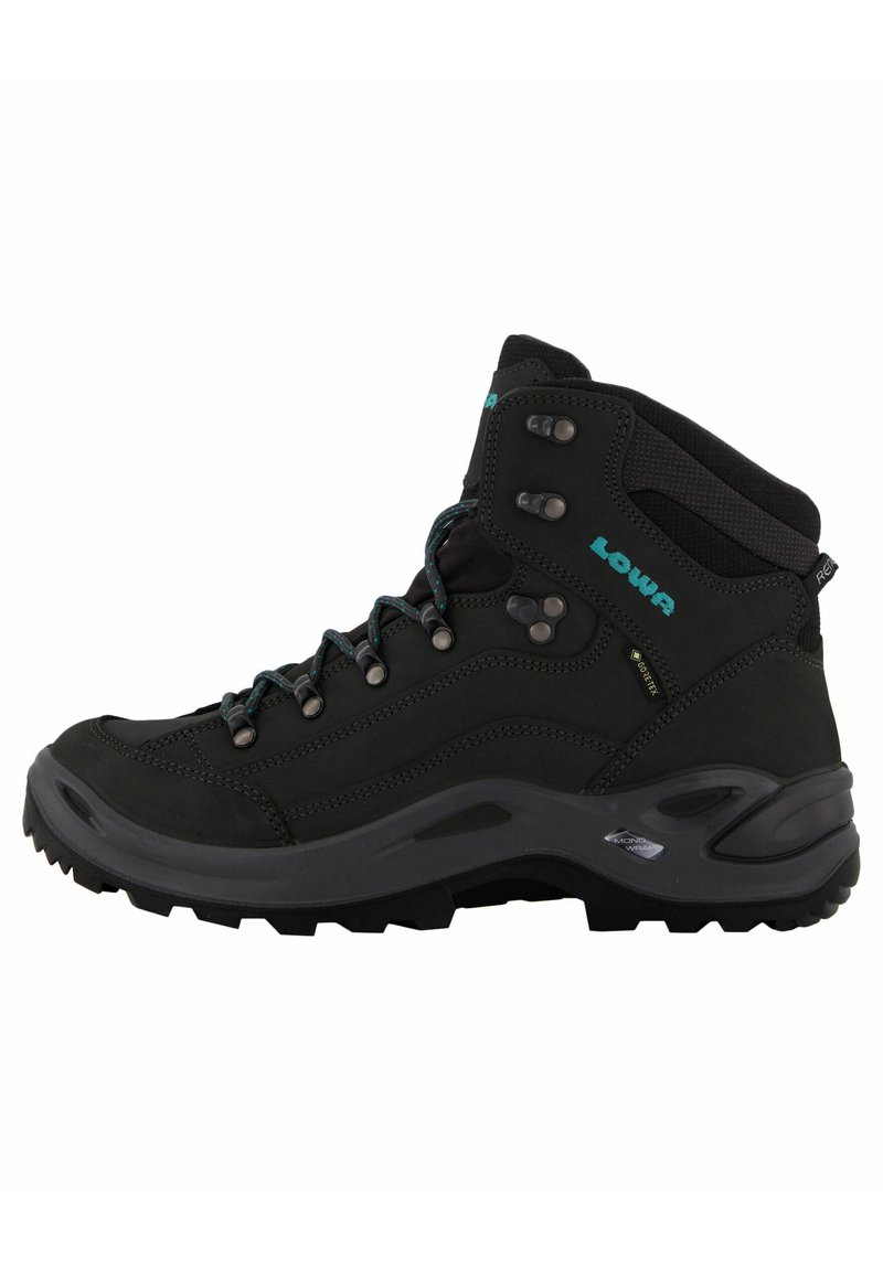 Zwarte wandelschoenen met een hoge enkeldesign, voorzien van turquoise accenten, metalen oogjes en een gestructureerde rubberen zool voor grip.