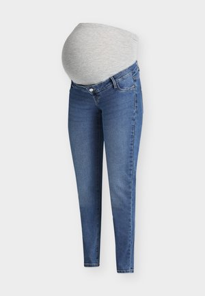 Zwangerschapsjeans met een lichtgrijze elastische tailleband en donkerblauwe denim. Slim fit ontwerp met een gladde textuur en klassieke zakken.