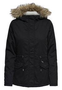 Parka nera con cappuccio bordo in pelliccia, due tasche frontali con zip, vita regolabile con coulisse e tessuto texturizzato con una fodera morbida.