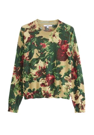 Suéter de punto con estampado floral en verde, rojo y beige, con cuello redondo y mangas largas con puños acanalados.