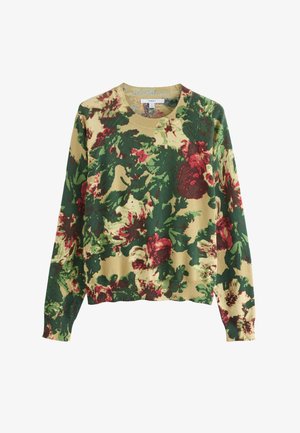 Floral-patterned sweater made of knit fabric in green, red, and beige, featuring a crew neckline and long sleeves with ribbed cuffs.