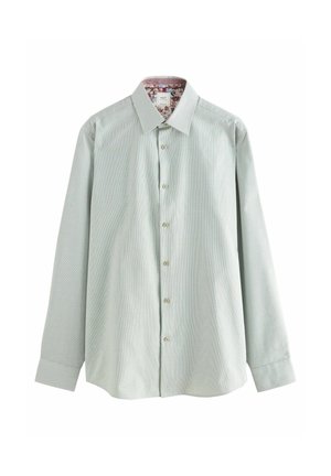 Camicia button-up verde chiaro con un motivo sottile, colletto classico e stampa floreale all'interno del colletto. Maniche lunghe con polsini a bottone.