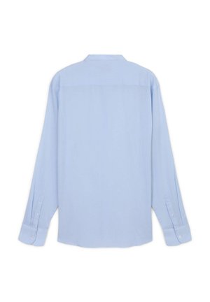 Camicia azzurro chiaro a maniche lunghe in tessuto morbido, con colletto button-down, polsini e orlo dritto. Design minimalista.
