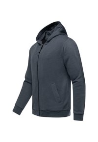 Felpa zip grigia scura con cappuccio, tasche laterali, polsini e orlo a coste. Realizzata in tessuto morbido con una texture liscia.