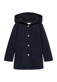 Námořnický kabát z vlny s kapucí, s předním zapínáním na knoflíky, bočními kapsami a jednoduchým, čistým designem. Měkká textura.