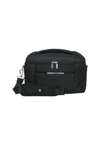 Sac photo noir Samsonite avec compartiment principal zippé, poche avant, poignée rembourrée et bandoulière détachable avec coussinet.