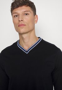 Sort V-hals skjorte med en stribet krave i blå og hvid, lavet af glat stof med korte ærmer og minimal pynt.