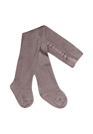 Detské hnedé pletené pančuchy s textúrovanými protišmykovými úchytmi na chodidlách a nohách, navrhnuté pre teplo a bezpečnosť.