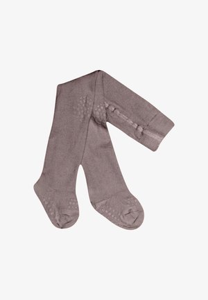 Brązowe dziergane rajstopy dziecięce z teksturowanymi antypoślizgowymi uchwytami na stopach i nogach, zaprojektowane dla ciepła i bezpieczeństwa.