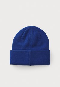Blue knit beanie hat with a rounded top and a folded cuff. Smooth texture with a uniform color and no visible patterns or hardware details.