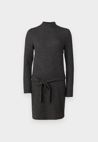 Dunkelgraues Langarmkleid mit einem Mock-Turtleneck und einem Stoffgürtel in der Taille. Hergestellt aus weichem, strukturiertem Stoff.