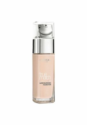 Transparent pumpeflaske af L'Oréal True Match foundation, med en lys beige nuance og sølvfarvede accenter på låget og bunden.