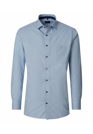 Long-sleeve fitted men's shirt with small blue geometric pattern and dark buttons, buttoned up, displayed on white background.